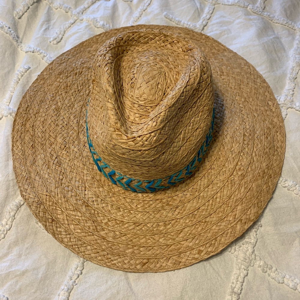 Talbots Tan and Blue Embroidered Raffia Straw Rancher Hat